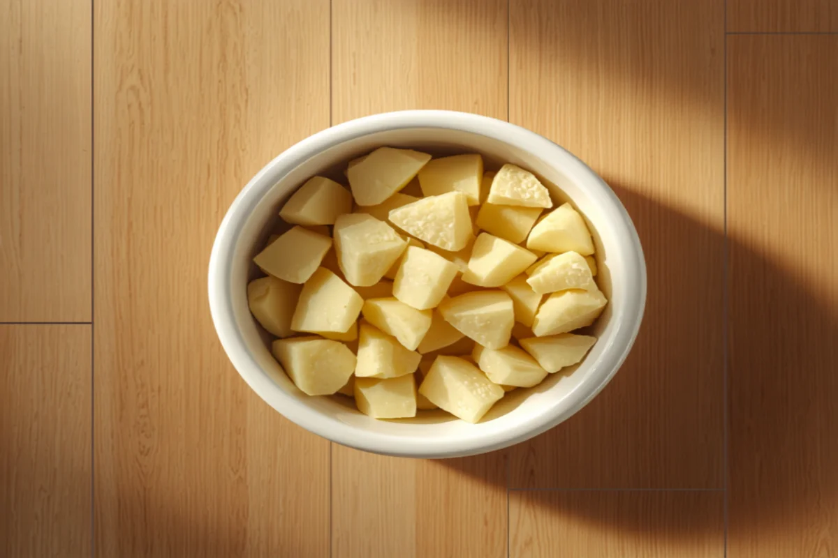 Bowl of plain cooked potato pieces served for a dog