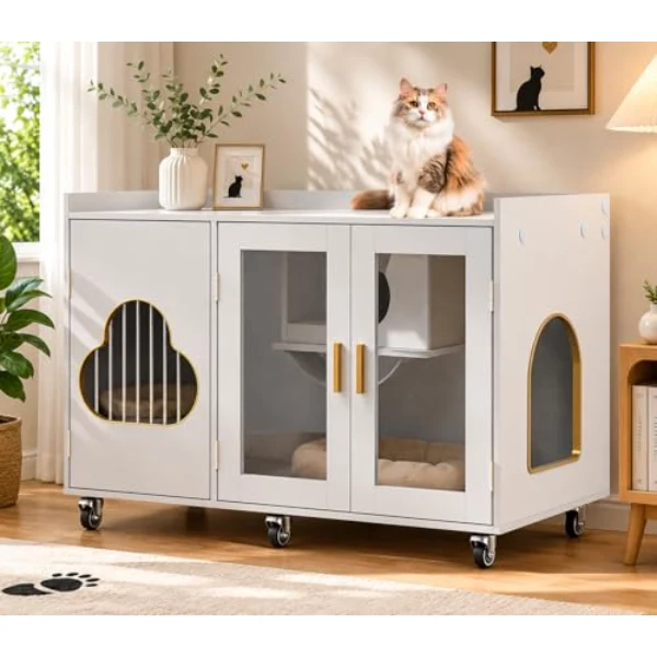 Cielozen white hidden cat litter box enclosure furniture with glass doors