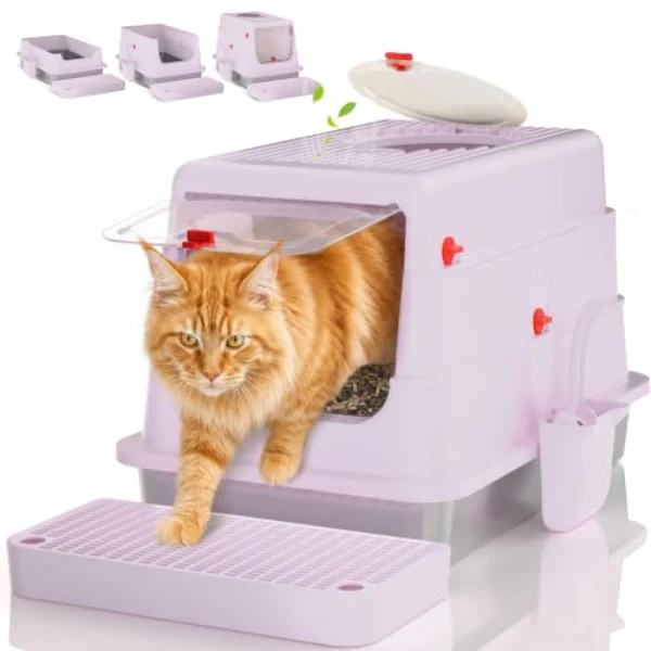 labeta 4-in-1 lilac stainless steel cat litter box with flip lid and high sides