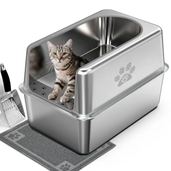 PWTAA stainless steel cat litter box with lid, litter mat, and scoop