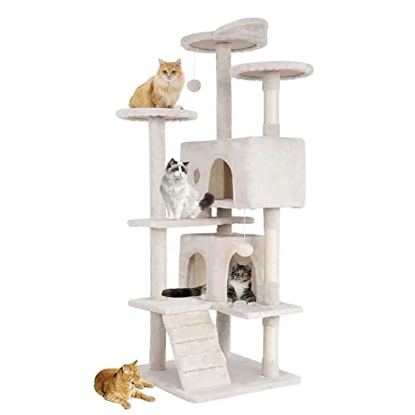 BestPet 54 inch beige cat tree tower with sisal scratching posts and plush condo