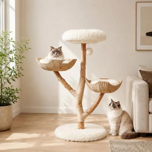 Erinnyees 44.5 inch natural apple wood cat tree with handwoven baskets and sisal scratching areas