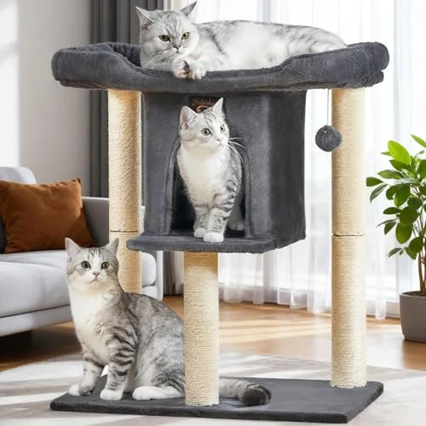 Feliskyn 28 inch small dark gray cat tree tower with condo and perch for small spaces