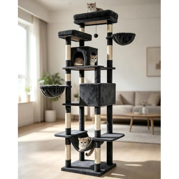 Komicoll 81 inch tall grey cat tower with multiple perches caves and a hammock
