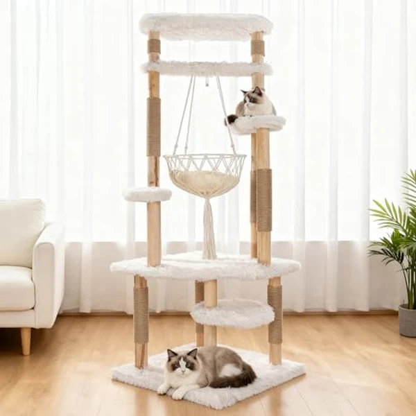 Mewzoom 70 inch tall white modern solid wood cat tower with sisal post and swing hammock