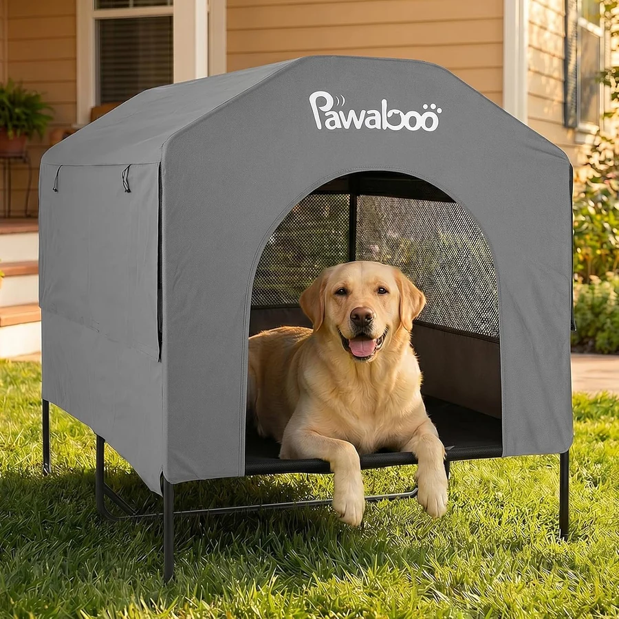 Pawaboo 47 inch XL Dog House Outdoor Weatherproof with Elevated Floor and Mesh Windows