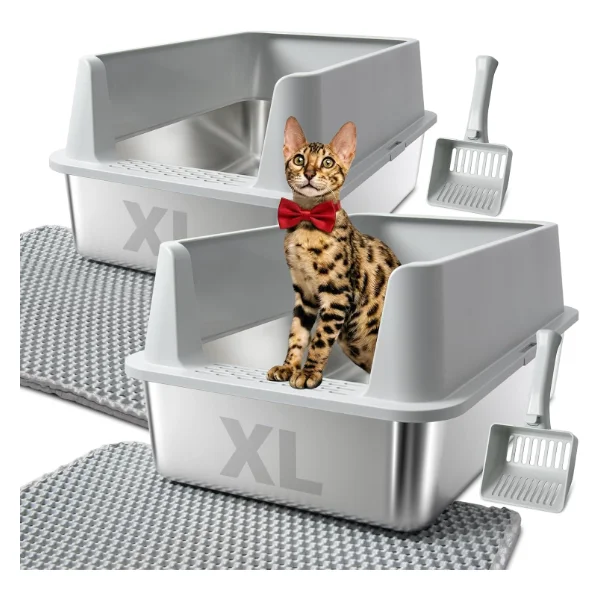 FUTAM 2-Pack XL Stainless Steel Litter Box with Lid