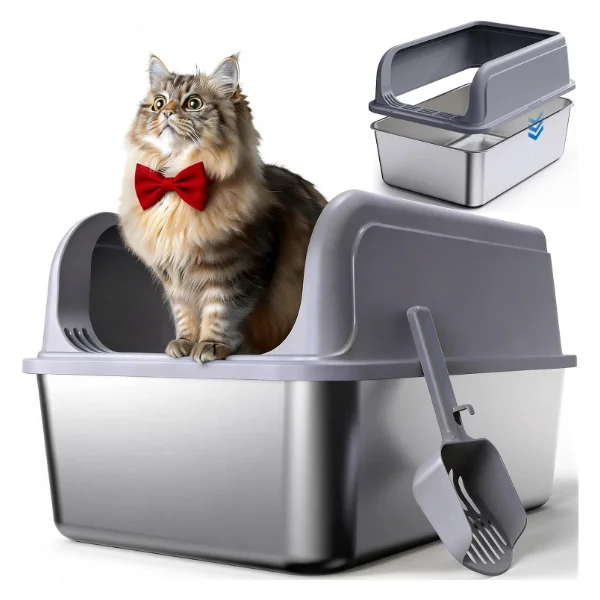 Powools High-Sided Stainless Steel Litter Box